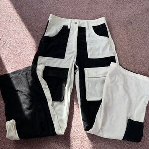 Black and white color block pants